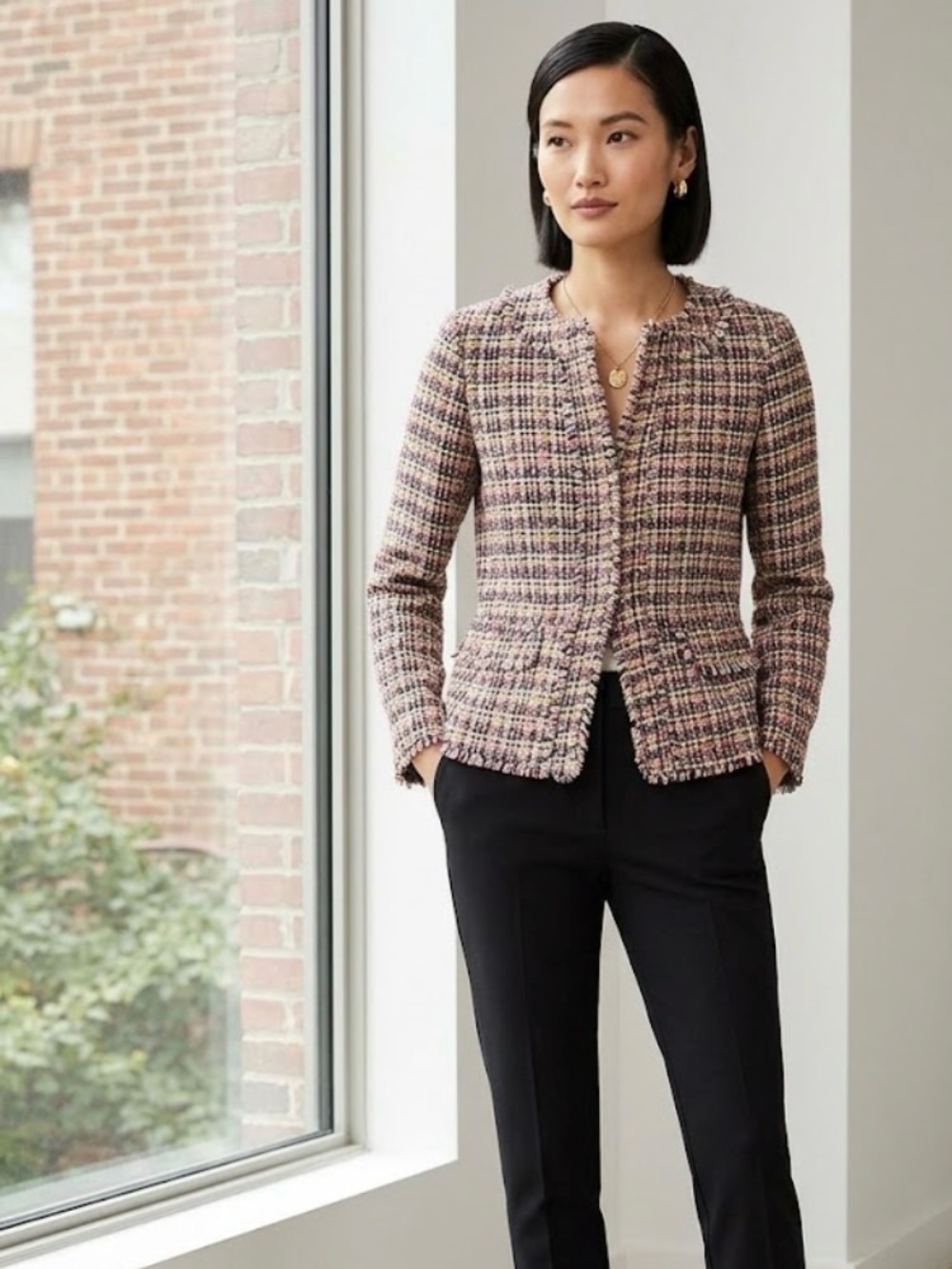 Ann Taylor Multicolor Tweed Fringe-Trim Blazer
